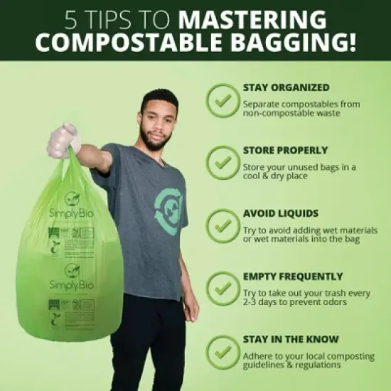 Simply Bio 13 Gallon Compostable Trash Bags Handle-Tie, Thick 0.87 Mil, 49.21 Liter, 30 Bags, Tall Kitchen Food Scrap Waste Bag image {5}