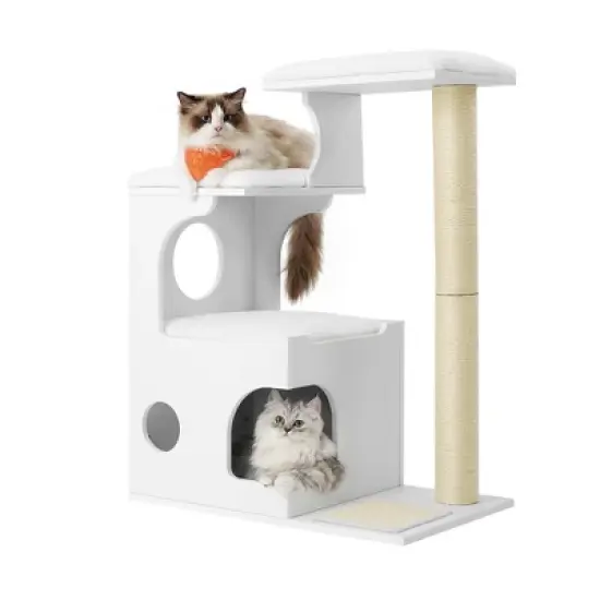 WoodyWonders 33.8-Inch Modern Cat Tower with 3 Perches, Scratching Post & Cave, Includes 4 Washable Cushions image {1}