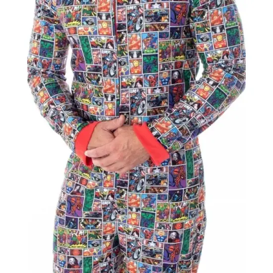 Marvel Unisex Adult Comic Character Grid Print One Piece Pajama Union Suit Multi image {2}