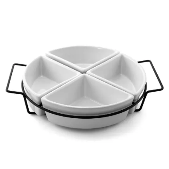 Gibson Gracious Fine Ceramic Dining Four Section Tray Set with Metal Rack in White image {8}