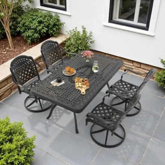 5-Piece Outdoor Dining Set, Cast Aluminum Rectangle Table with Swivel Chairs, Red Cushions, Umbrella Hole image {2}