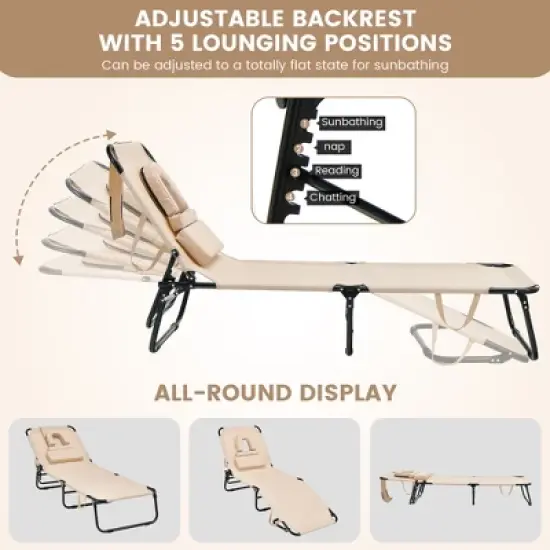 Costway 2 PCS Beach Chaise Lounge Chair with Face Hole Pillows & Adjustable Backrest image {6}