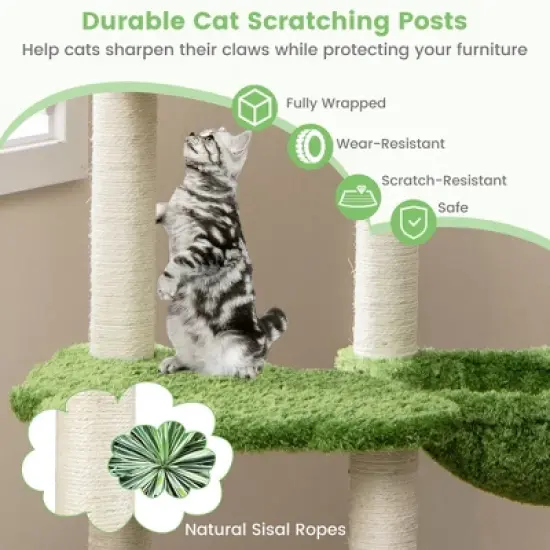 Tangkula Wooden Cat Tree 55" Tall Cat Climbing Stand w/ Sisal Scratching Posts Green image {3}