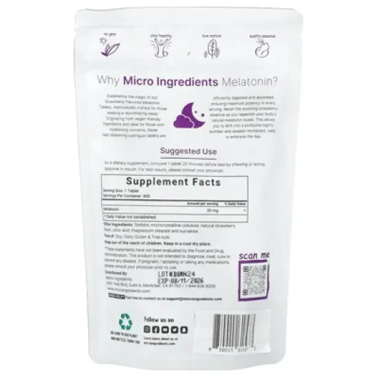 Micro Ingredients Melatonin, Strawberry, 20 mg, 400 Tablets image {1}