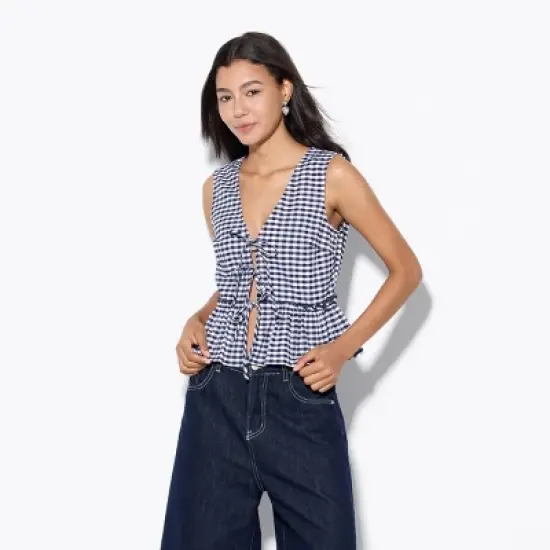 Women's Tie-Front Ruffle Vest - Wild Fable&trade; Navy Blue Gingham image {3}