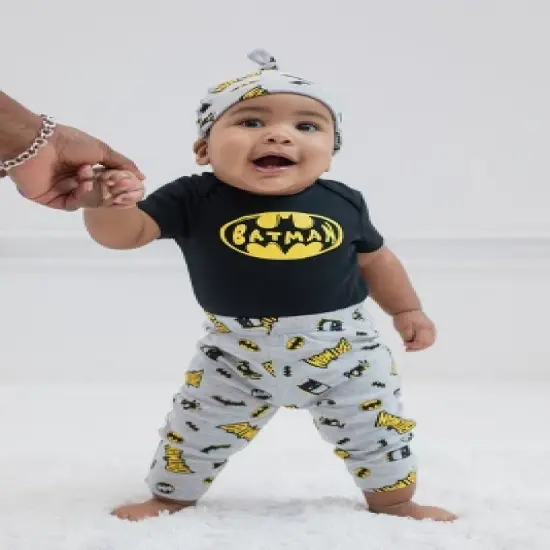 DC Comics Justice League Superman Flash Baby Pants Bodysuit and Hat 3 Piece Outfit Set Newborn to Infant image {1}
