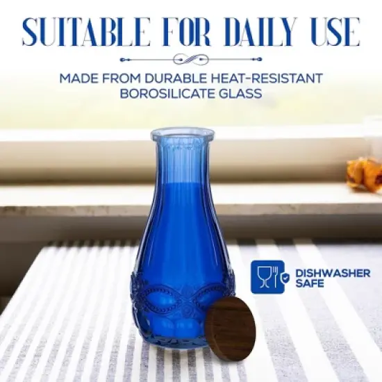 Elle Decor Color Glass Carafe with Wood Lid, Leak-Proof Glass Pitcher for Water, Juice, Mimosa Bar, Iced Tea,1 Liter, Dishwasher Safe, Blue image {4}