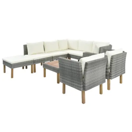 9pc Wicker & Acacia Wood Patio Conversation Set with Cushions - Beige - GODEER image {7}