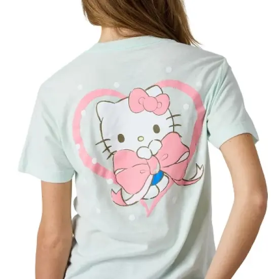Hello Kitty Puff Print Character With Bow & Heart Women's Light Green Crew Neck Short Sleeve T-shirt image {4}