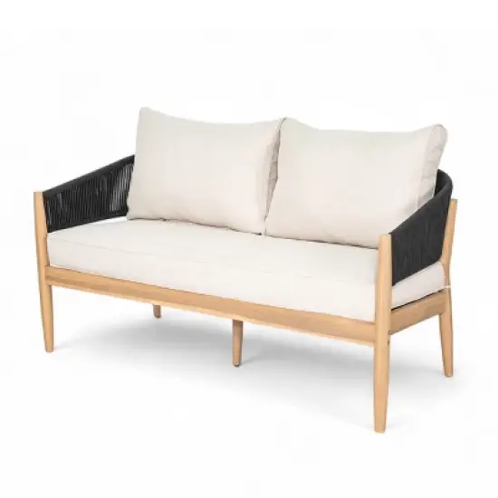 Outdoor Acacia Wood Loveseat,Modern Patio Rope Weave Loveseat with Wood Frame,Lounge Loveseat with Cushion for Garden or Deck-Coolbibila image {7}