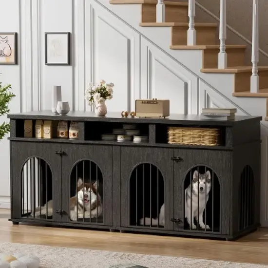 Garvee Double Dog Crate Furniture 71 in Dog Kennel Furniture for 2 Medium Dogs, Heavy Duty Dogs Cage XL  with 3 Storage Shelves and 8 Adjustable Feet image {6}