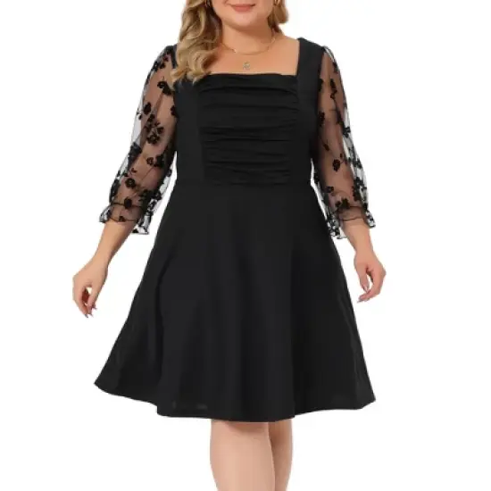 Agnes Orinda Women's Plus Size Square Neck Sheer Long Sleeve Ruffle Flowy A-Line Dresses image {1}