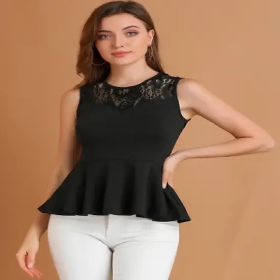 Allegra K Women's Floral Mesh Lace Panel Round Neck Sleeveless Peplum Blouses image {3}