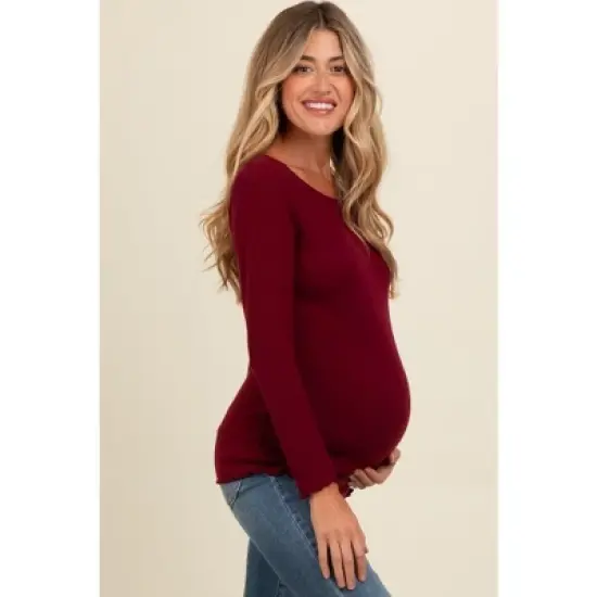 PinkBlush Burgundy Ribbed Knit Long Sleeve Lettuce Hem Maternity Top image {2}