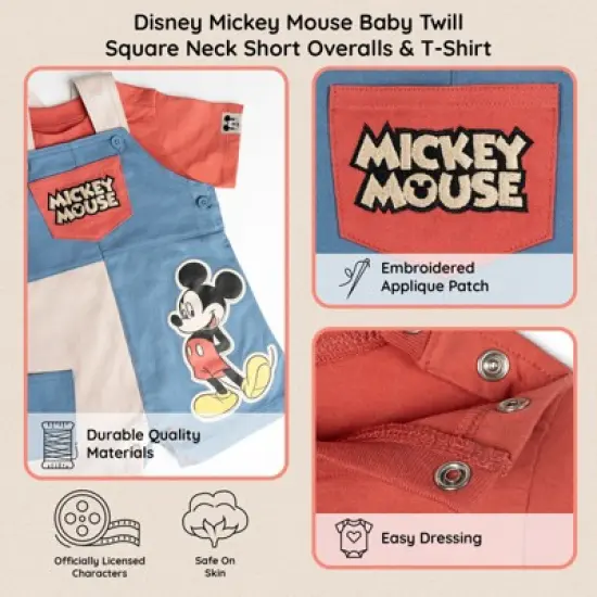 Disney Mickey Mouse Baby Twill Square Neck Short Overalls and and T-Shirt Outfit Set Newborn to Infant image {5}