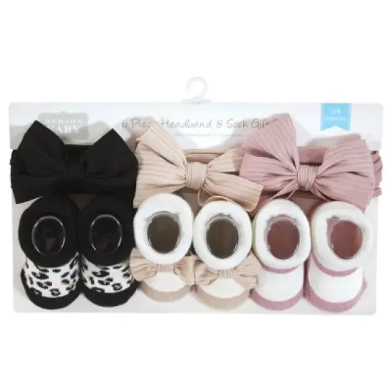 Hudson Baby Infant Girl Headband and Socks Giftset, Taupe Pink, One Size image {1}