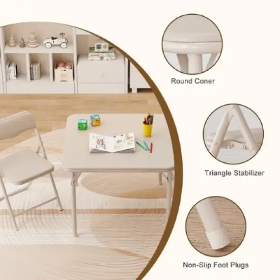 Garvee 3-Piece Boys and Girls Folding Set, Table and Chairs w/PU Cushion, No Assembly, For Eating/Reading/Playing, Beige image {1}
