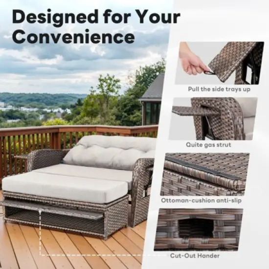 Patio Rattan Daybed Set with Cushioned Loveseat and Ottoman, Outdoor Double Chaise Lounger with 4-Level Adjustable Backrest and Retractable Side Trays image {4}