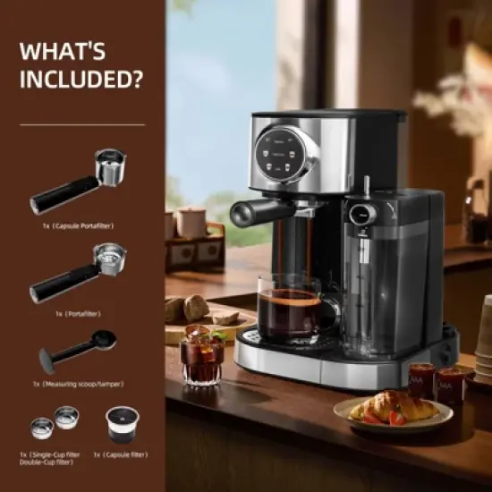 Kismile Espresso Machine 20Bar, Cappuccino Machine with Automatic Milk Frother,3 in 1 Professional Espresso Maker with Capsule Compatible image {4}