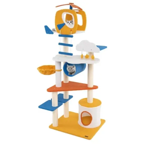 Tangkula 70" Tall Aviation-themed Cat Tree w/ Helicopter Top Perch Platforms Basket Bed image {9}