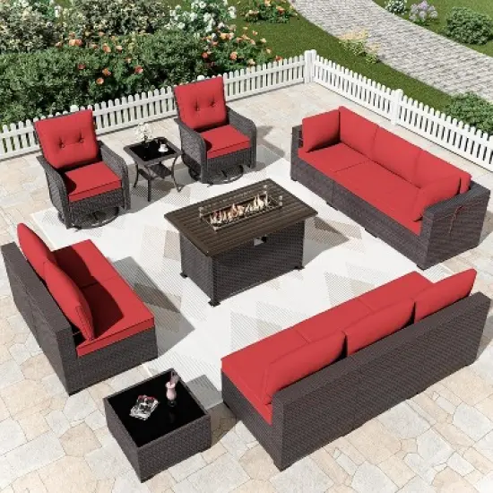 ALAULM 13PCS Outdoor Patio Furniture Set,Rattan Sectional Sofa Patio Conversation Sets with Gas Propane Fire Pit Table image {12}