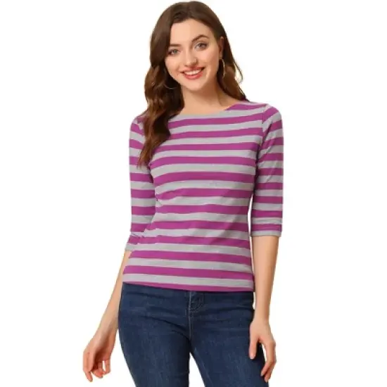 Allegra K Women's Elbow Sleeves Casual Basic Boat Neck Slim Fit T-Shirts image {29}
