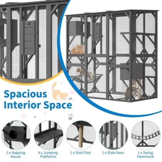 Jojoka 70 Inch Large Walk-in Outdoor Catio Cat Enclosure with Window Access, Roof, Resting Boxes, Hammock, Scratching Post, Grey image {2}