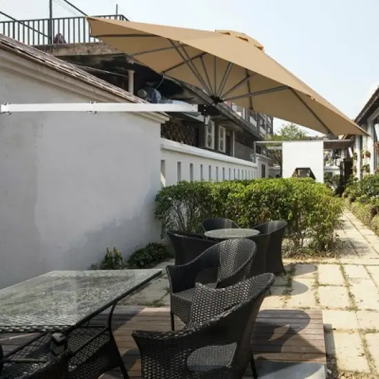 Costway 8ft Wall-Mounted Umbrella Telescopic Folding Tilt Sun Shade Tan\Turquoise image {10}