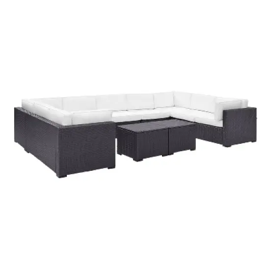 Biscayne 7pc Outdoor Wicker Sectional Set with 2 Coffee Tables & 4 Corner Seats  White - Crosley image {2}
