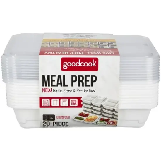 GoodCook Meal Prep 3 Compartment Rectangle Containers + Lids - 4Cups - 20pcs/10ct - White image {13}