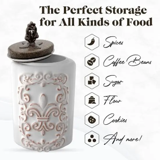 American Atelier Food Storage Ceramic Canister Jar, Fleur De Lis Embossed Design & Airtight Stainless-Steel Lid For Sugar, Flour, White, Set of 2 image {2}