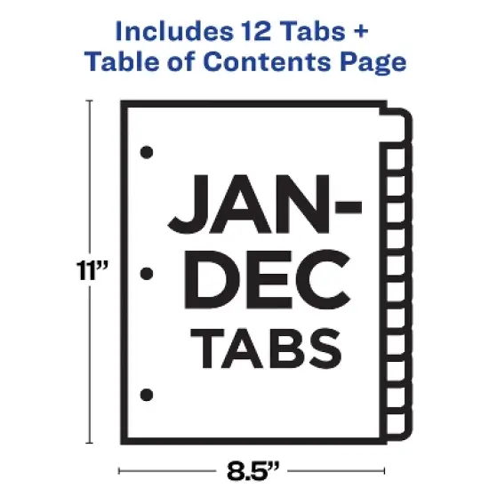 Avery Jan-Dec Dividers for 3 Ring Binders, 12 Tabs per Set, Customizable Table of Contents, Multicolor Tabs (11127) image {3}