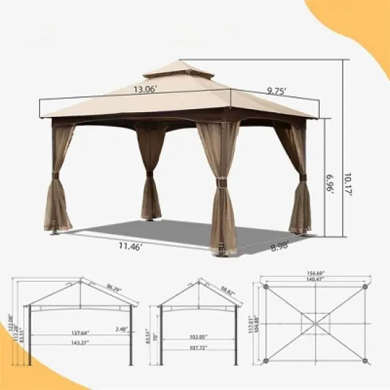 DSVIMOY Canopies and Gazebos, Outdoor Gazebo with Mosquito Netting, Gazebo Canopy Tent for Deck Backyard Garden, Brown, 156"*120"*120" image {1}