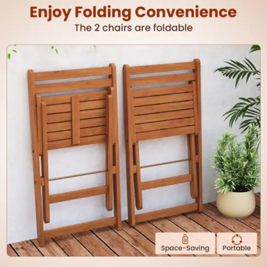 Tangkula 3 PCS Outdoor Wood Bistro Set w/ 2 Folding Chairs & Dining Table for Backyard image {6}