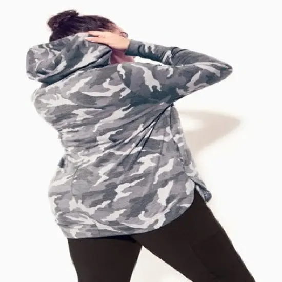 Women's Plus Size Pocket Print Sweat Top - gray camo | ZIM & ZOE image {1}
