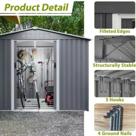 Gulches 8x6 FT Outdoor Tool Storage Shed with Metal Foundation & Lockable Doors,  All Weather Metal Sheds for Garden, Patio, Backyard, Lawn, Gray image {6}