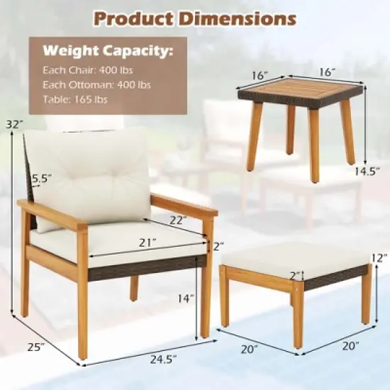 Costway 5 PCS Rattan Furniture Set Wood Frame Chairs & Ottomans with Square Coffee Table image {2}