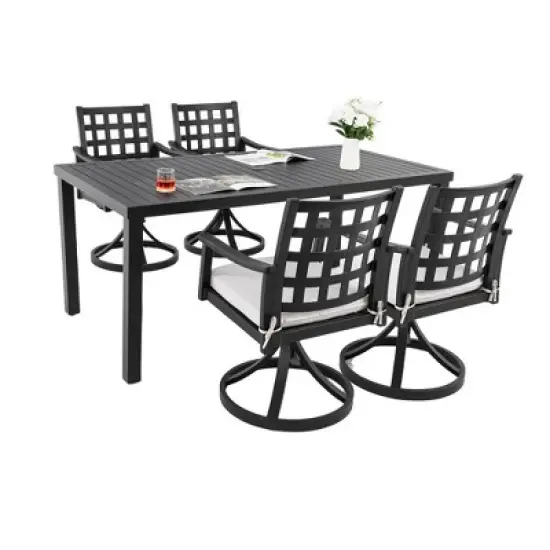 UNISOAR Modern Classic 5PC Outdoor Patio Dining Set, Rectangular Table & 4 Rock Dining Chairs, Cast Aluminum, Textured Ember Black image {10}