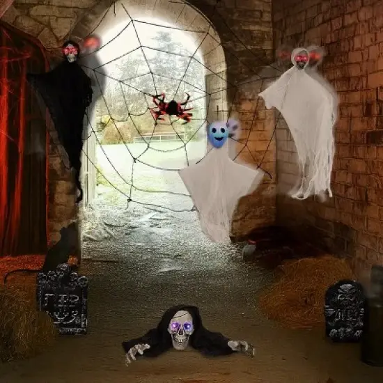 8-Piece Halloween Decoration Set with Swinging Ghosts, Crawling Skeleton, Gravestones, Giant Spider Web & LED Eyes &uml;C Indoor/Outdoor Spooky Yard image {7}