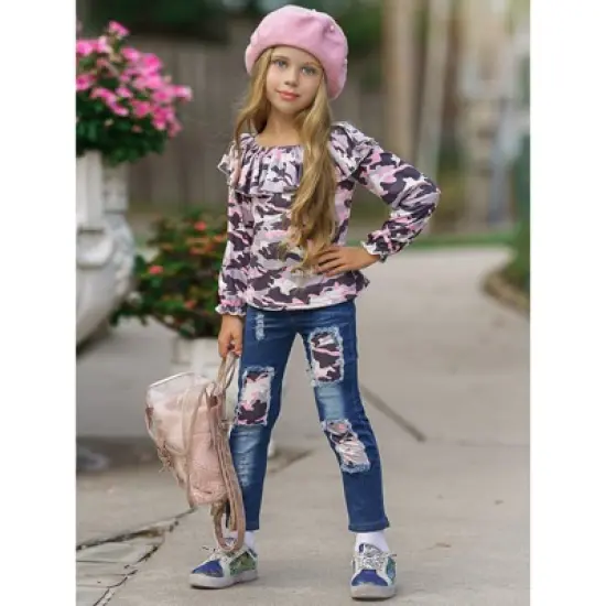 Girls Can't See Me Camo Patched Jeans Set - Mia Belle Girls image {7}