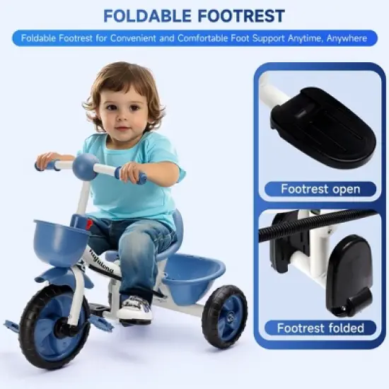 Topteng Kid Steer and Stroll Trike - Blue: Adjustable Handlebar, Steel Frame, Front & Back Basket image {2}