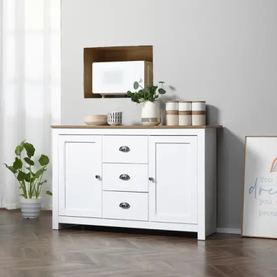 HOMCOM Kitchen Sideboard with Adjustable Shelves, Dining Buffet Cabinet with 3 Storage Drawers, White image {1}