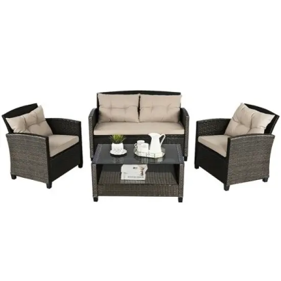 Costway 4PCS Outdoor Rattan Furniture Set Cushioned Sofa Armrest Chair Lower Shelf Brown image {1}
