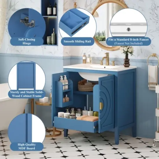 ModernLuxe 30'' Blue Bathroom Vanity with Sink, 2 Soft Close Doors, Hidden Drawer & Adjustable Shelf, Freestanding Storage Cabinet image {5}