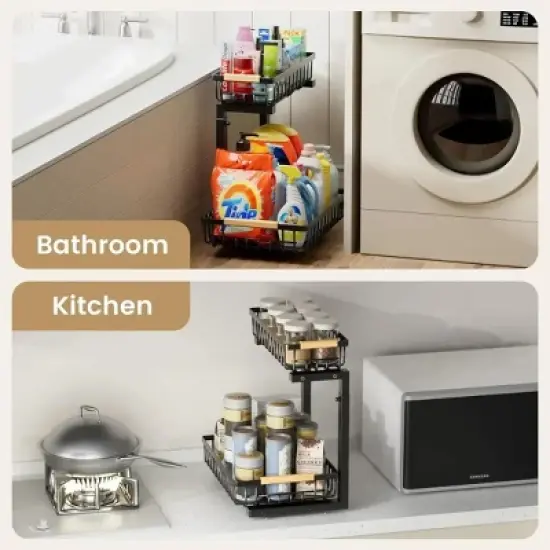 MaseiKar 2 in Set Dish Drying Rack and Under Sink Organizer Rack, Large Dish Rack with Drainboard, 2 Tier Pull Out Cabinet Shelf for Kitchen Storage image {6}