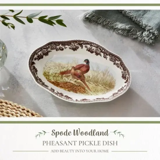 Spode Woodland Pheasant Pickle Dish - 8.5" Porcelain Tray with British Flowers Border & Scalloped Edge, Microwave, Dishwasher, Oven & Freezer Safe image {1}
