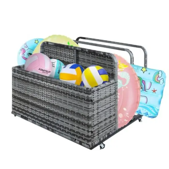 Poolside Float Storage with Wheels, Rolling PE Rattan Pool Caddy, Outdoor Wicker Pool Float Holder Storage Box for Cushions, Floaties, Noodles, Toys image {10}
