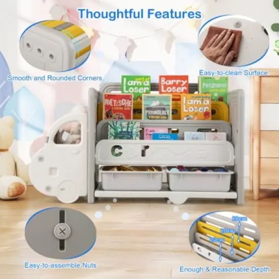 Costway 3-Tier Kids Toy Storage and Bookshelf with  2 Storage Boxes Decorative Car Head image {7}