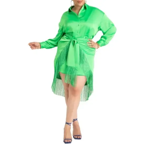 ELOQUII Women&rsquo;s Plus Size Fringe Satin Mini Skirt image {1}