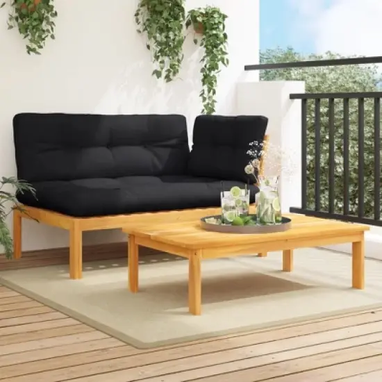 vidaXL 2 Piece Patio Pallet Sofa Set with Cushions - Solid Wood Acacia - Modular Design for Garden, Patio, Terrace - Black Cushions image {1}